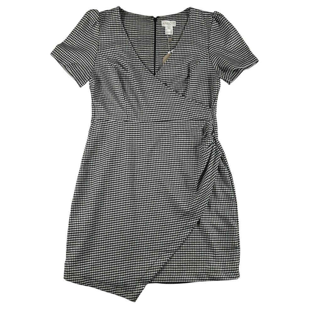 Apricot Dress Womens XL Black Houndstooth Wrap Bodycon V Neck Short Sleeve